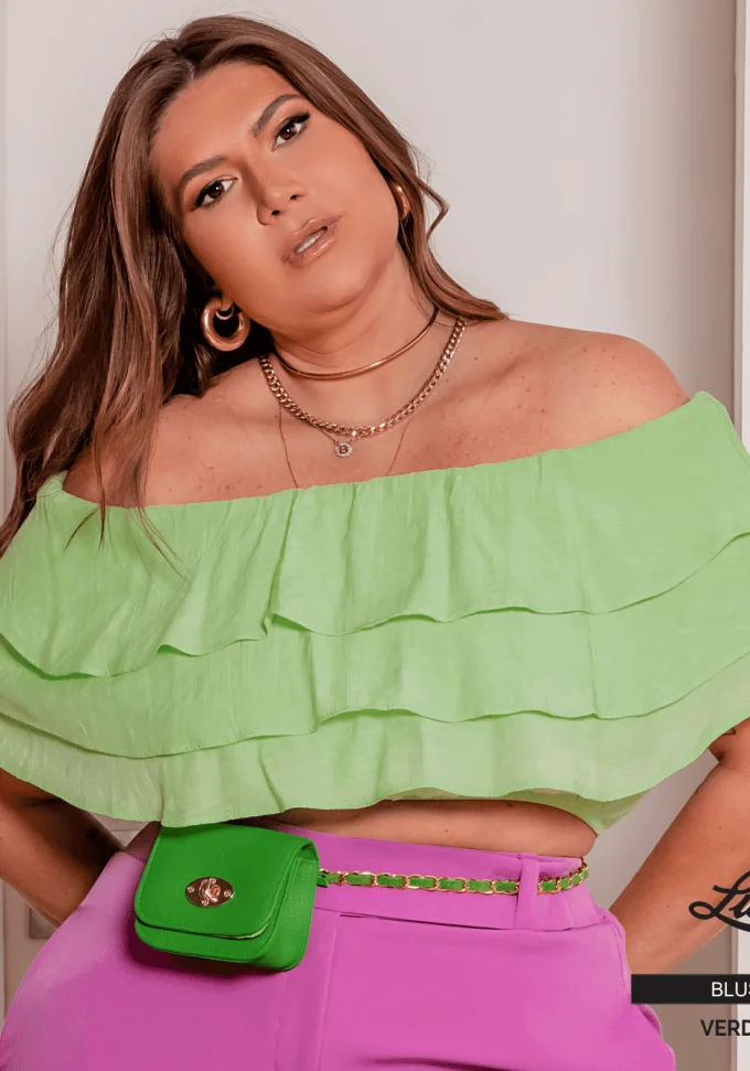 Cropped Feminino Plus Size Manga Curta Verde Claro - 50