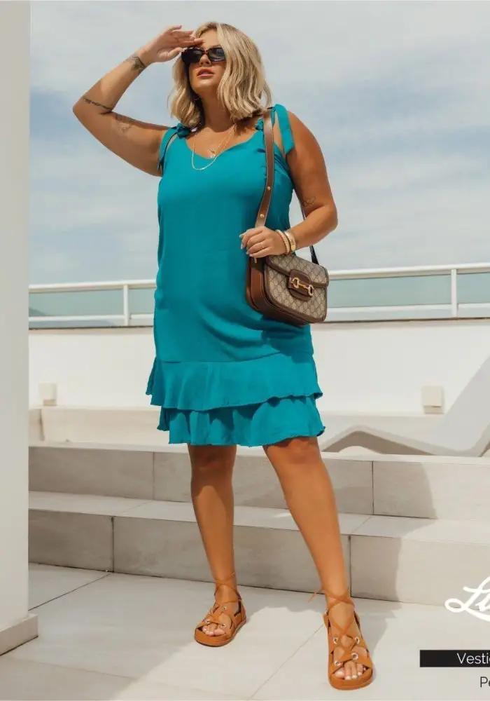 Vestido Plus Size Manga Curta Ref 900456 Petróleo - 46