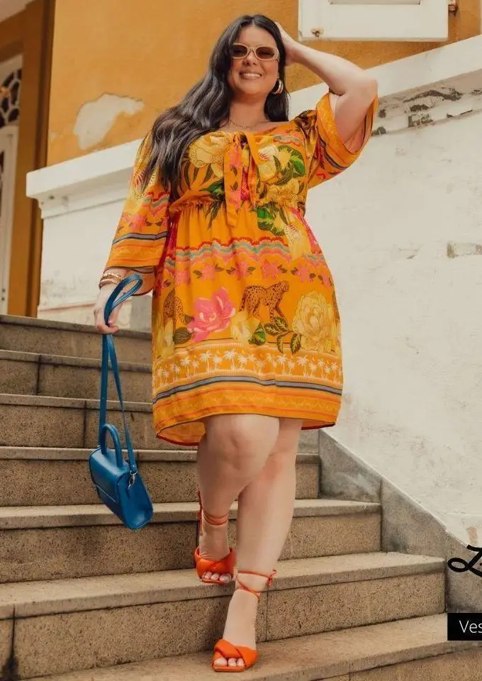 Vestido Plus Size Manga Curta Ref 900467 Amarelo - 46