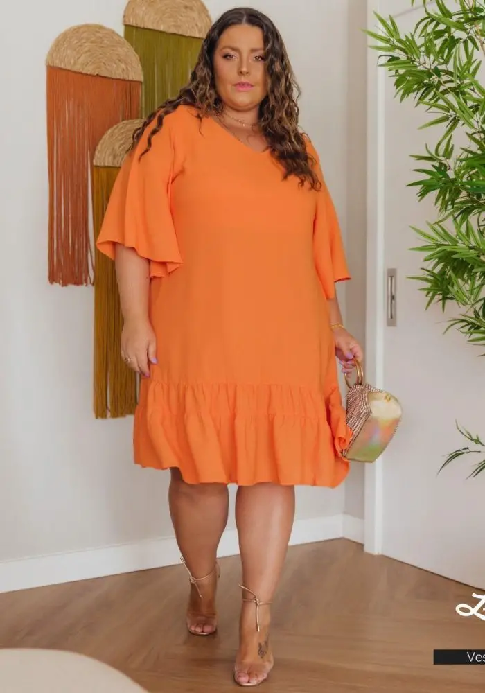 Vestido Plus Size Manga Curta Laranja