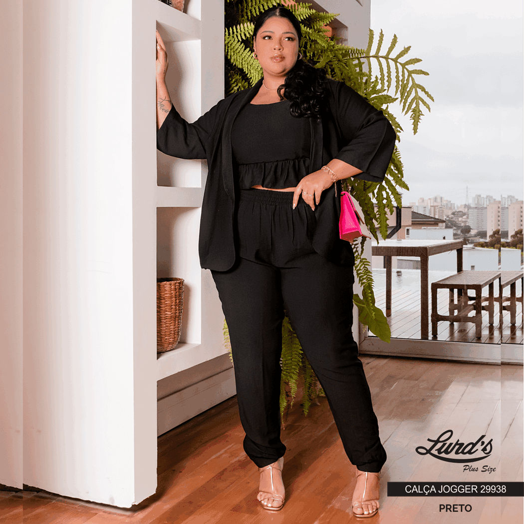 Calça Feminina Plus Size Jogger Preto - 56