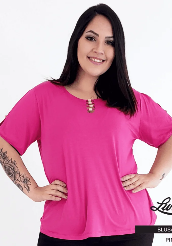 Blusa Feminina Plus Size Manga Curta Pink - 46