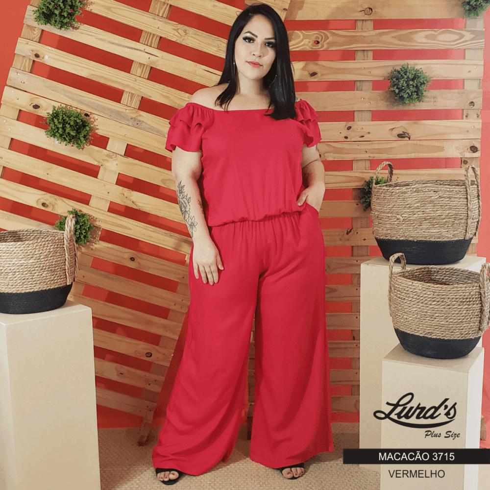 Macacão Longo Feminino Plus Size Manga Curta Vermelho - 56