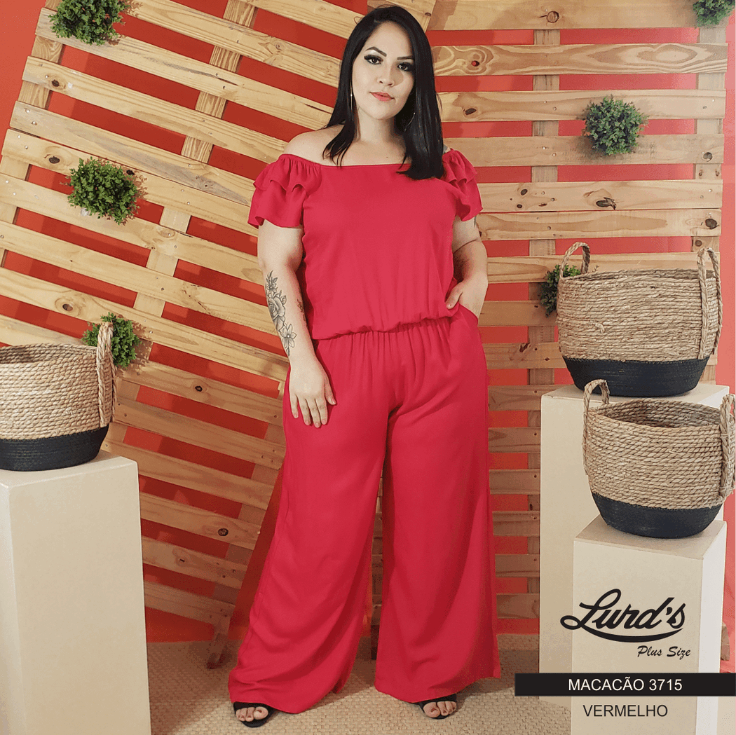 Macacão Longo Feminino Plus Size Manga Curta Vermelho - 46
