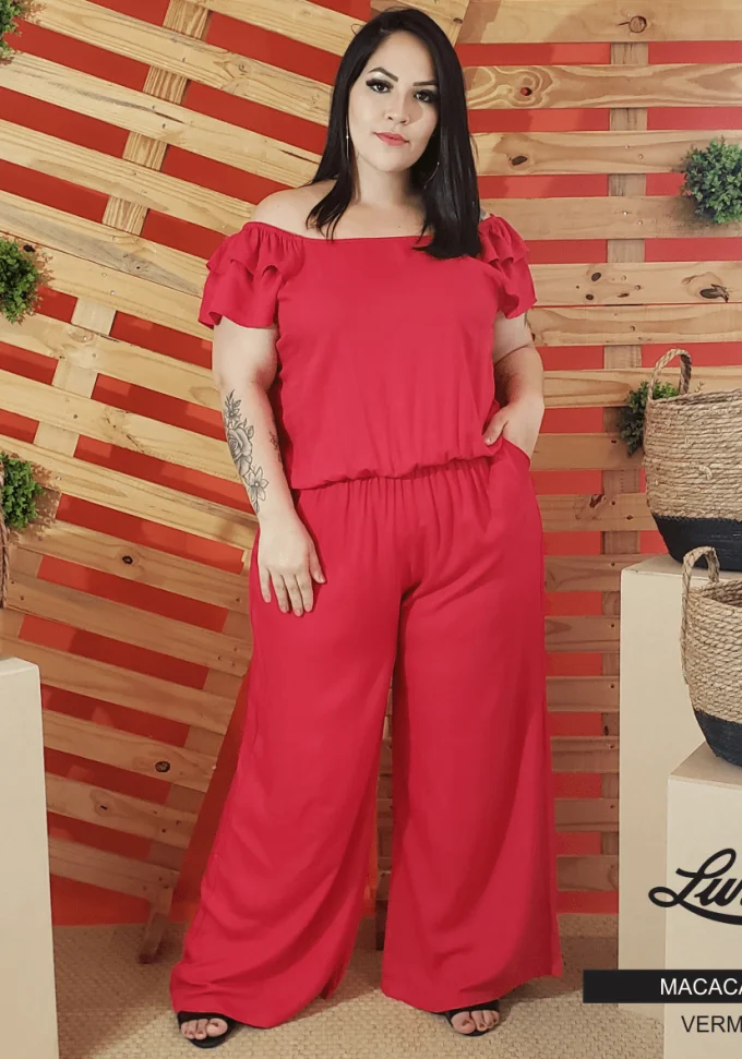 Macacão Longo Feminino Plus Size Manga Curta Vermelho - 56