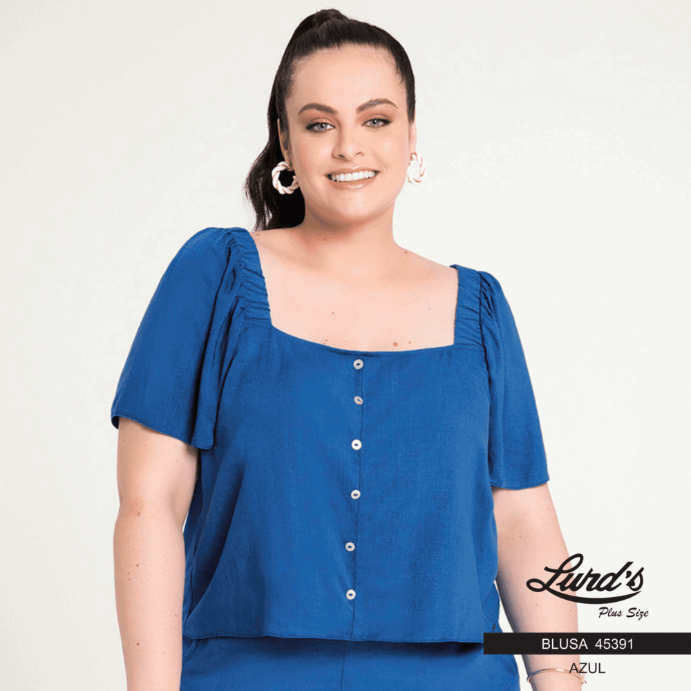 Cropped Feminino Plus Size Manga Curta Azul Ref 45391 - 52