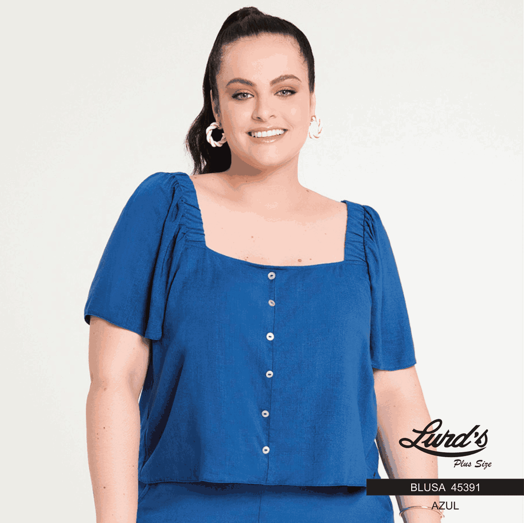 Cropped Feminino Plus Size Manga Curta Azul Ref 45391 - 50