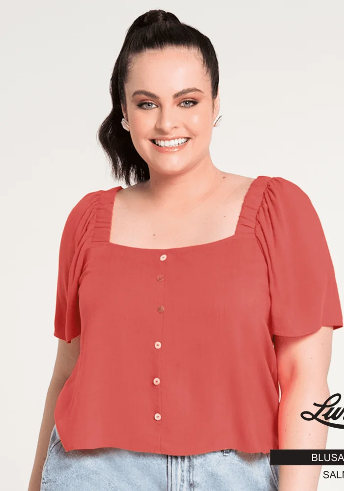 Cropped Feminino Plus Size Manga Curta Salmão - 50