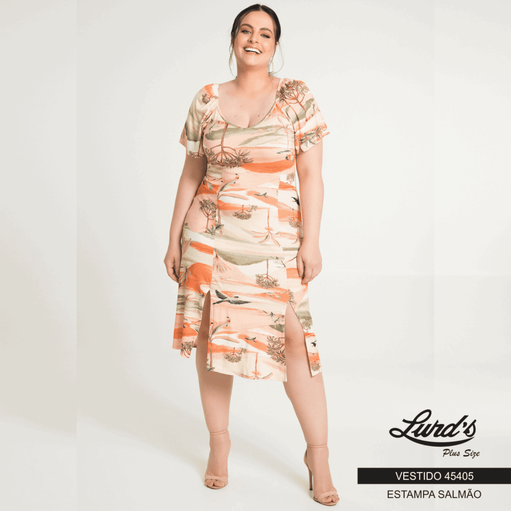 Vestido Plus Size Manga Curta Ref 45405 Estampa Salmão