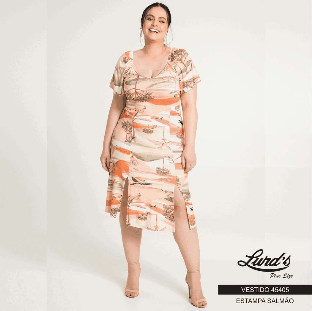 Vestido Plus Size Manga Curta Ref 45405 Estampa Salmão - 50