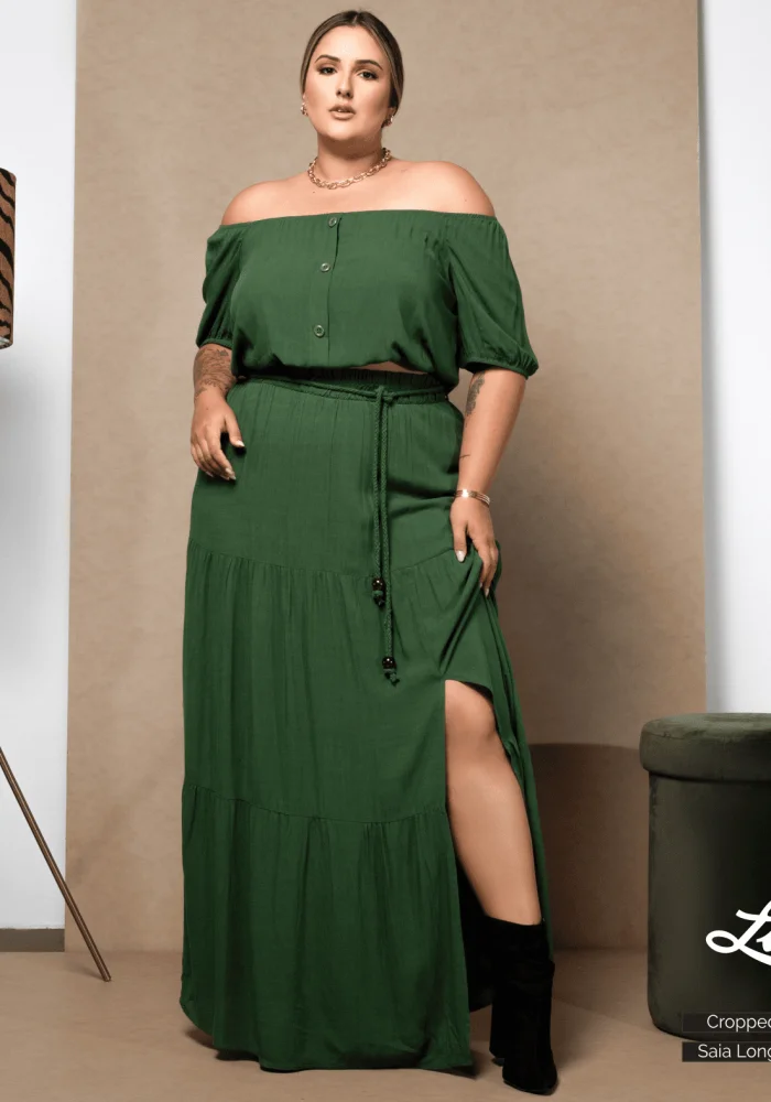 Saia Longa Plus Size Com Fenda Ref 6309 Verde