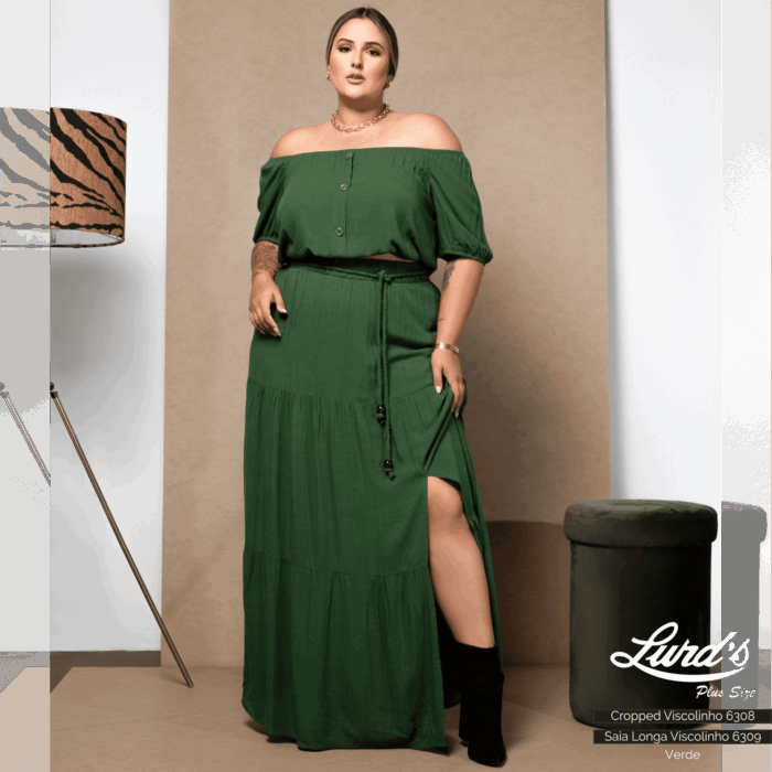 Saia Longa Plus Size Com Fenda Ref 6309 Verde - 60