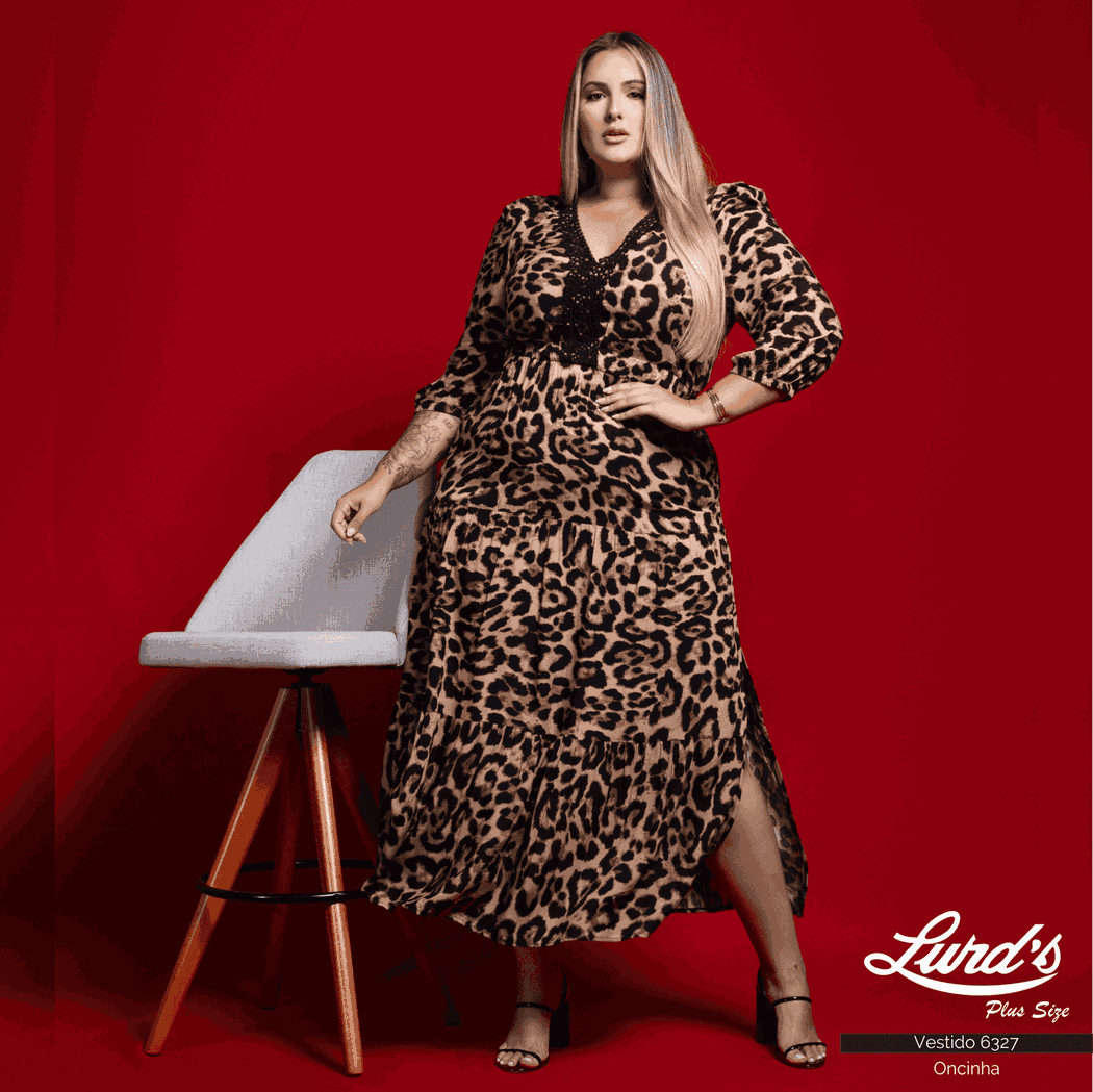 Vestido Longo Plus Size Manga 3/4 Estampa Oncinha - 58