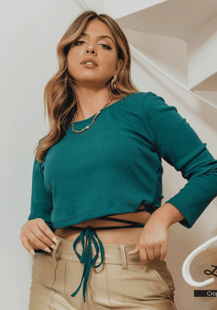 Cropped Feminino Plus Size Manga Longa Verde Ref 700486 - 48