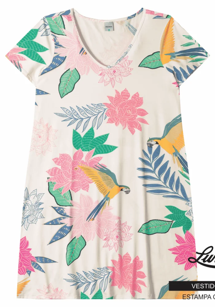 Vestido Plus Size Manga Curta Estampa Off White - 54