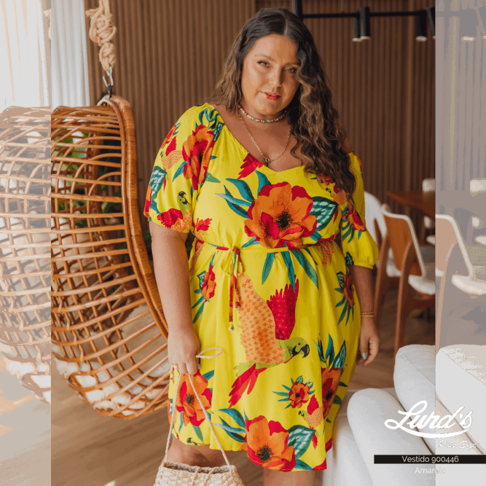 Vestido Plus Size Manga Curta Ref 900446 Amarelo - 48