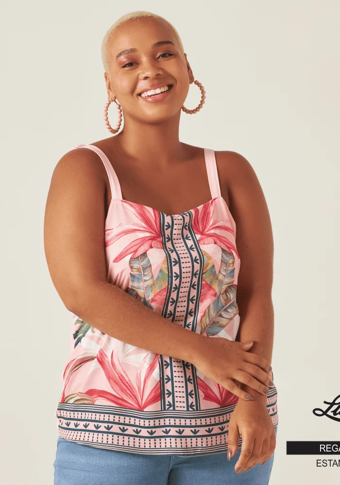 Regata Feminina Plus Size Ref 98990 Estampa Rosa