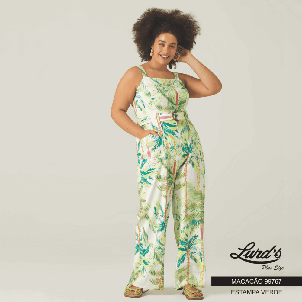 Macacão Longo Feminino Plus Size Sem Manga Estampa Verde - 46