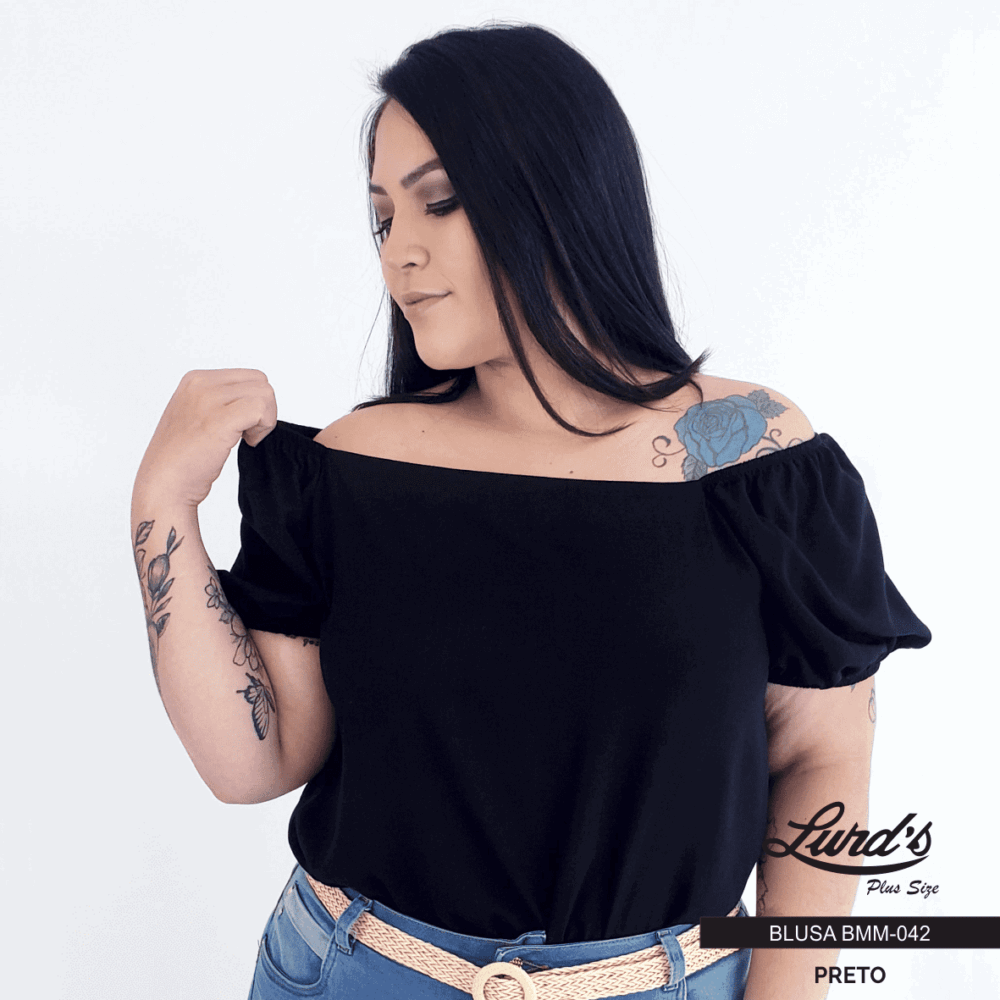 Blusa Feminina Plus Size Manga Curta Preto Ref BMM-042 - 54