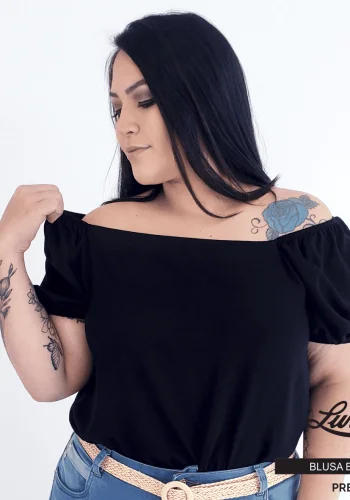 Blusa Feminina Plus Size Manga Curta Preto Ref BMM-042 - 58