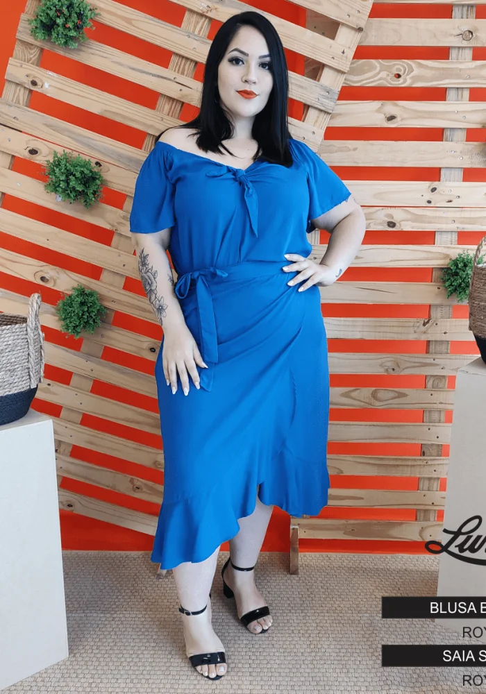 Saia Midi Feminina Plus Size Azul Ref SAI-060 Royal - 56