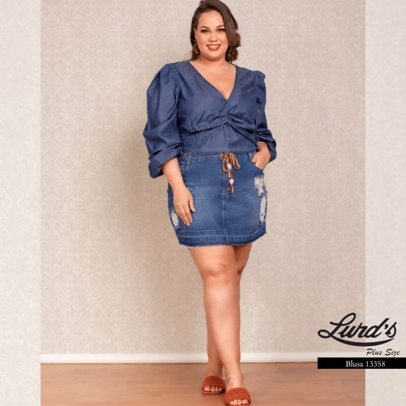 Blusa Manga Longa Plus Size Jeans - 46