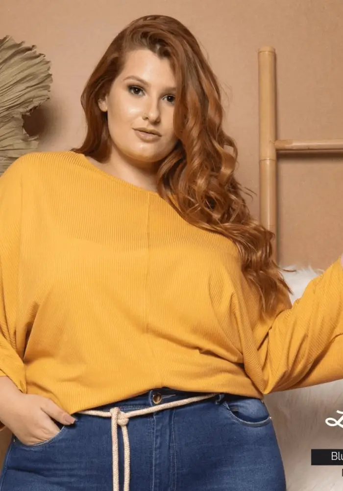 Blusa Plus Size Manga 3/4 Mostarda - 52