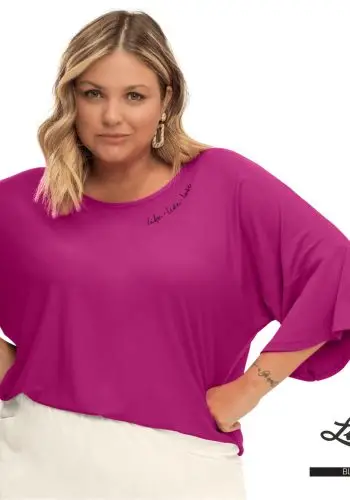 Blusa Feminina Plus Size Manga Curta Fúcsia - 46 48
