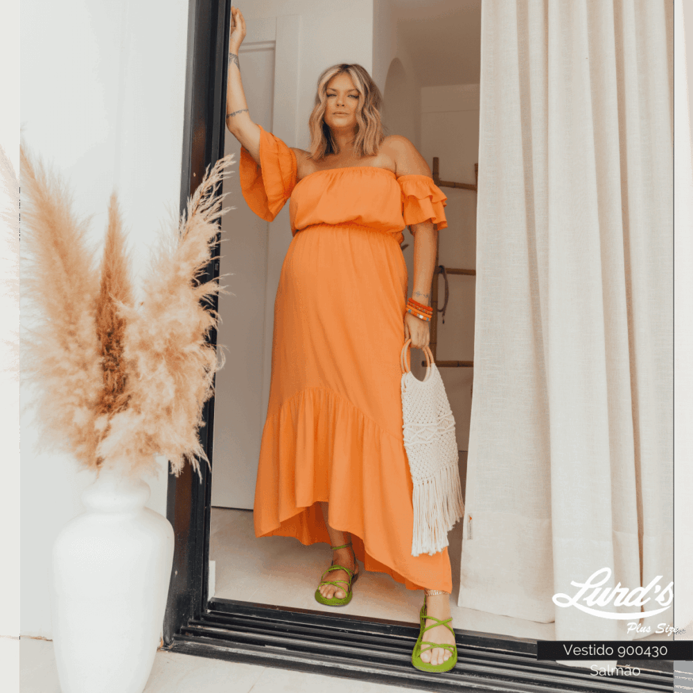 Vestido Longo Plus Size Manga Curta Ref 900430 Salmão
