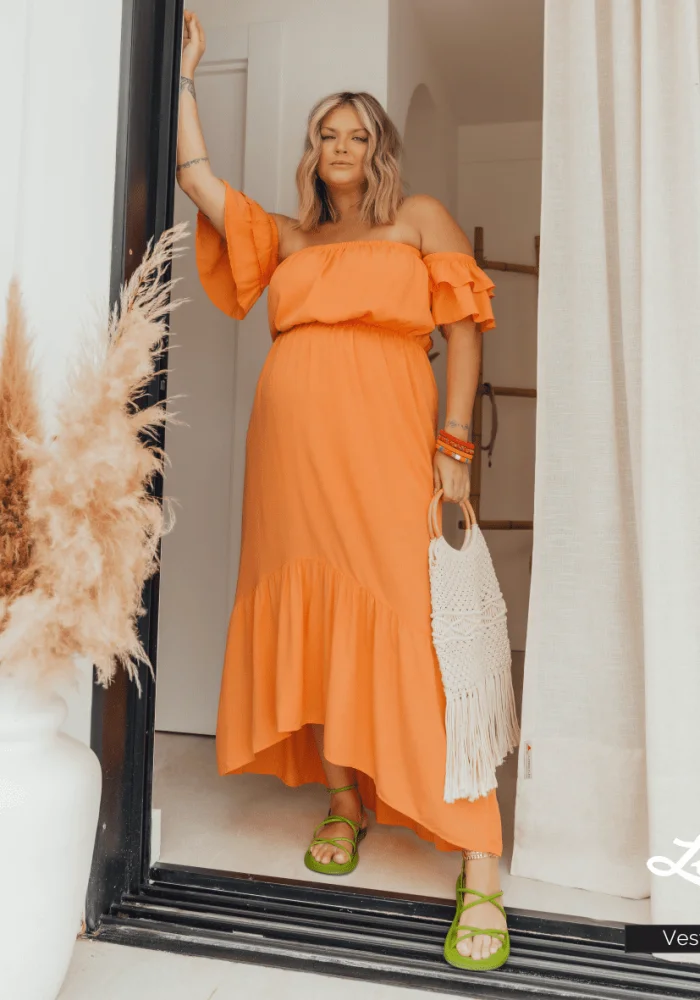 Vestido Longo Plus Size Manga Curta Ref 900430 Salmão - 48