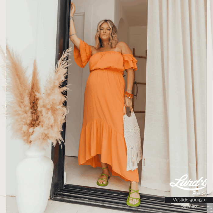 Vestido Longo Plus Size Manga Curta Ref 900430 Salmão - 46