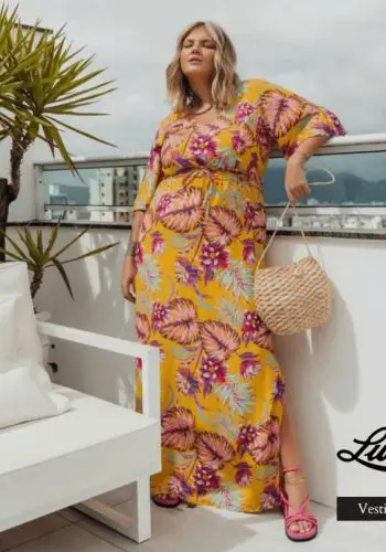 Vestido Longo Plus Size Manga Curta Ref 900433 Amarelo