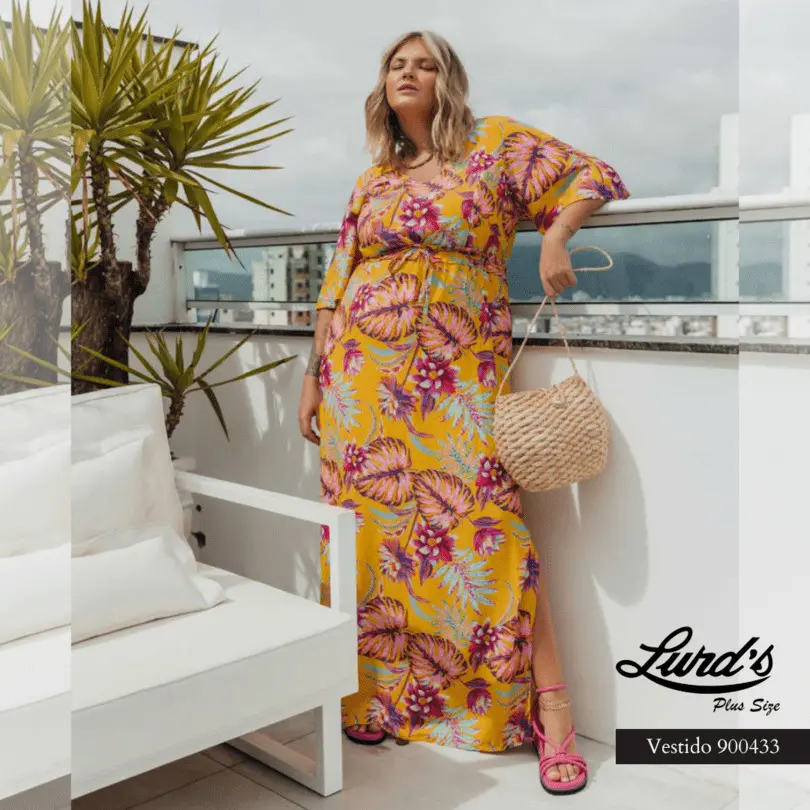 Vestido Longo Plus Size Manga Curta Ref 900433 Amarelo - 48