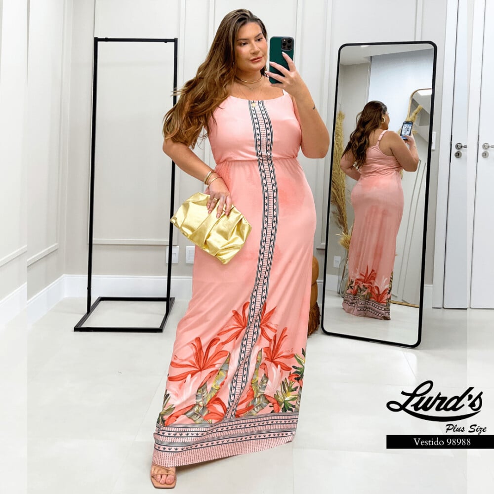 Vestido Longo Plus Size Sem Manga Ref 98998 Rosa - 50