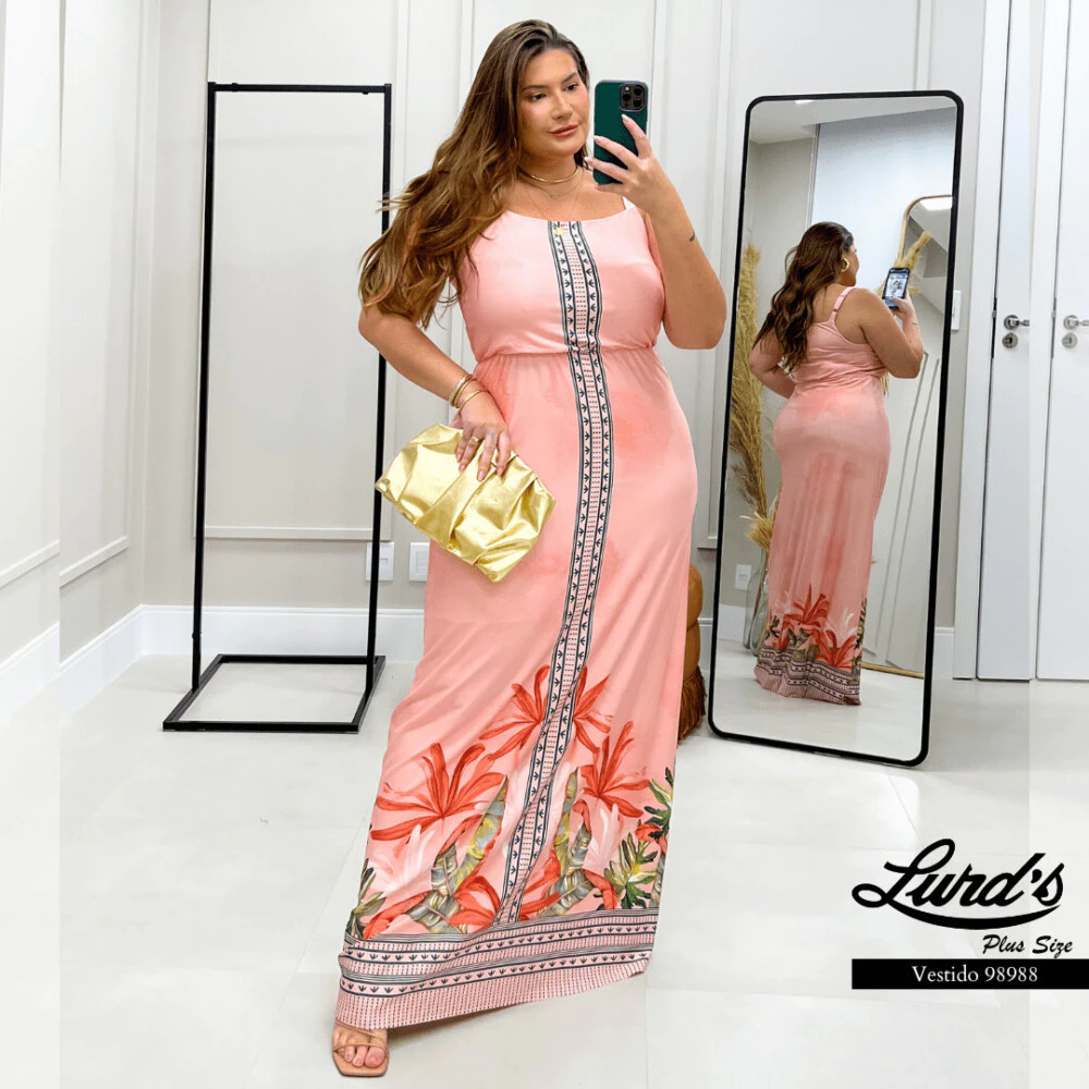 Vestido Longo Plus Size Sem Manga Ref 98998 Rosa