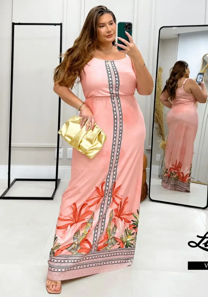 Vestido Longo Plus Size Sem Manga Ref 98998 Rosa