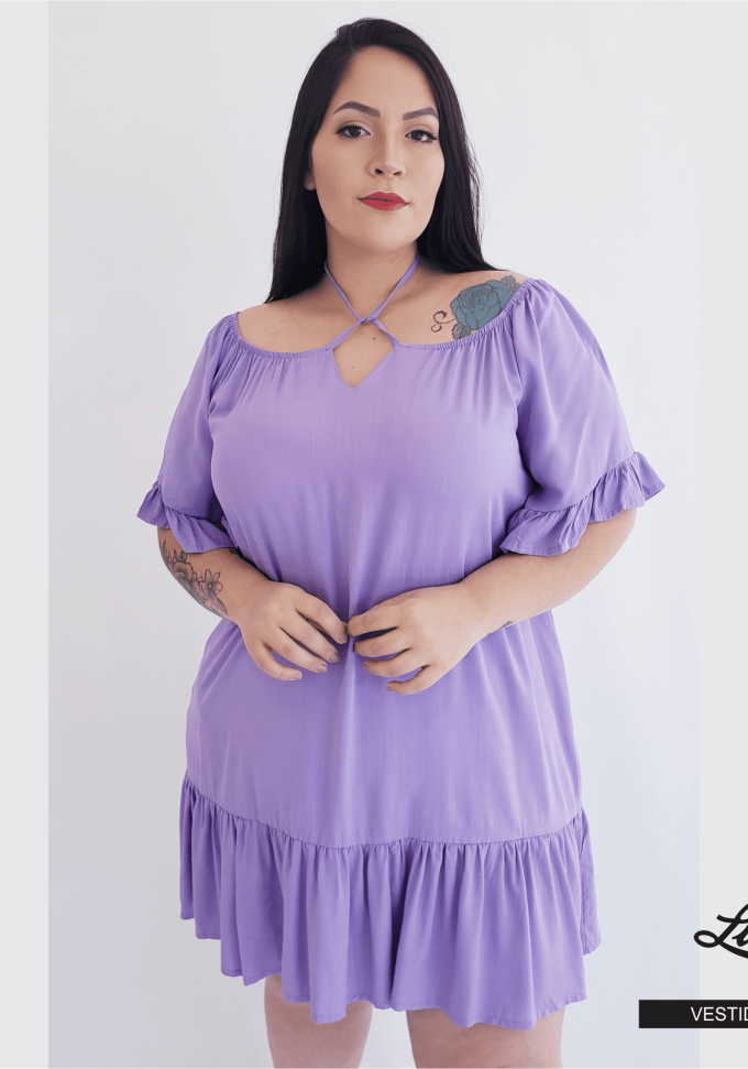 Vestido Plus Size Manga Curta Lilás - 48