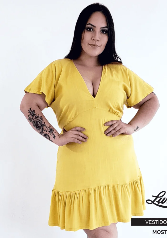 Vestido Plus Size Manga Curta Ref VMM-051 Mostarda