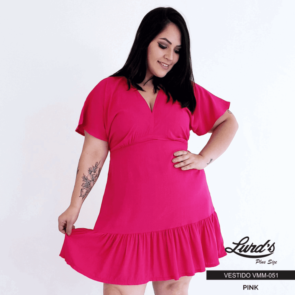 Vestido Plus Size Manga Curta Pink - 52