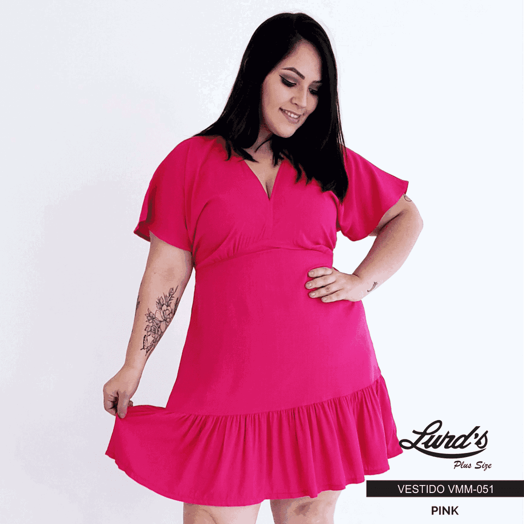 Vestido Plus Size Manga Curta Pink - 54