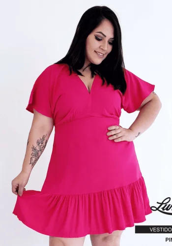 Vestido Plus Size Manga Curta Pink - 58