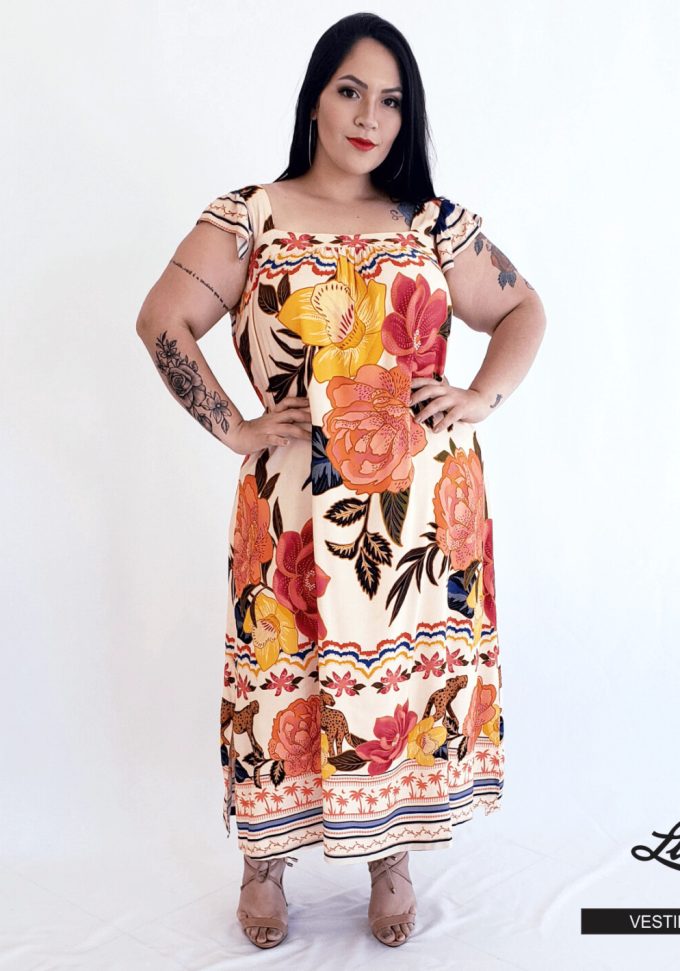 Vestido Mid Plus Size Sem Manga Ref VSM-052 Estampa Bege