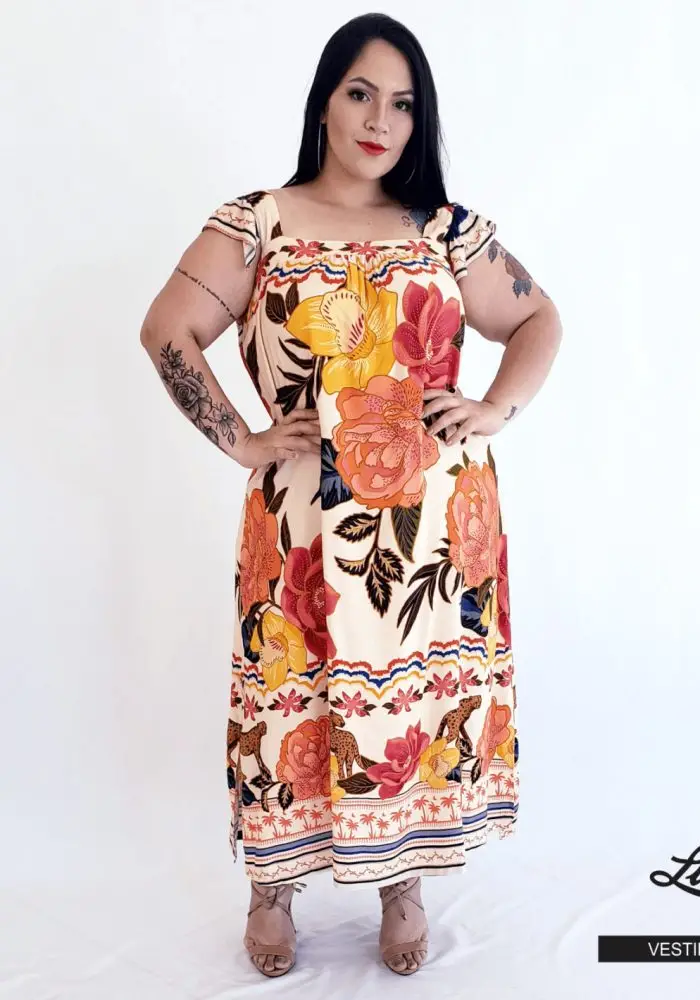 Vestido Mid Plus Size Sem Manga Ref VSM-052 Estampa Bege