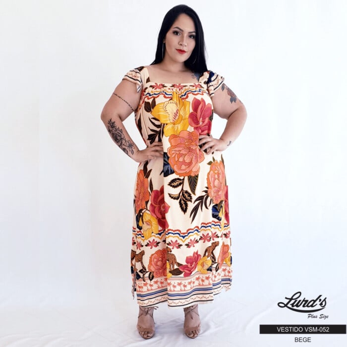 Vestido Mid Plus Size Sem Manga Ref VSM-052 Estampa Bege - 52