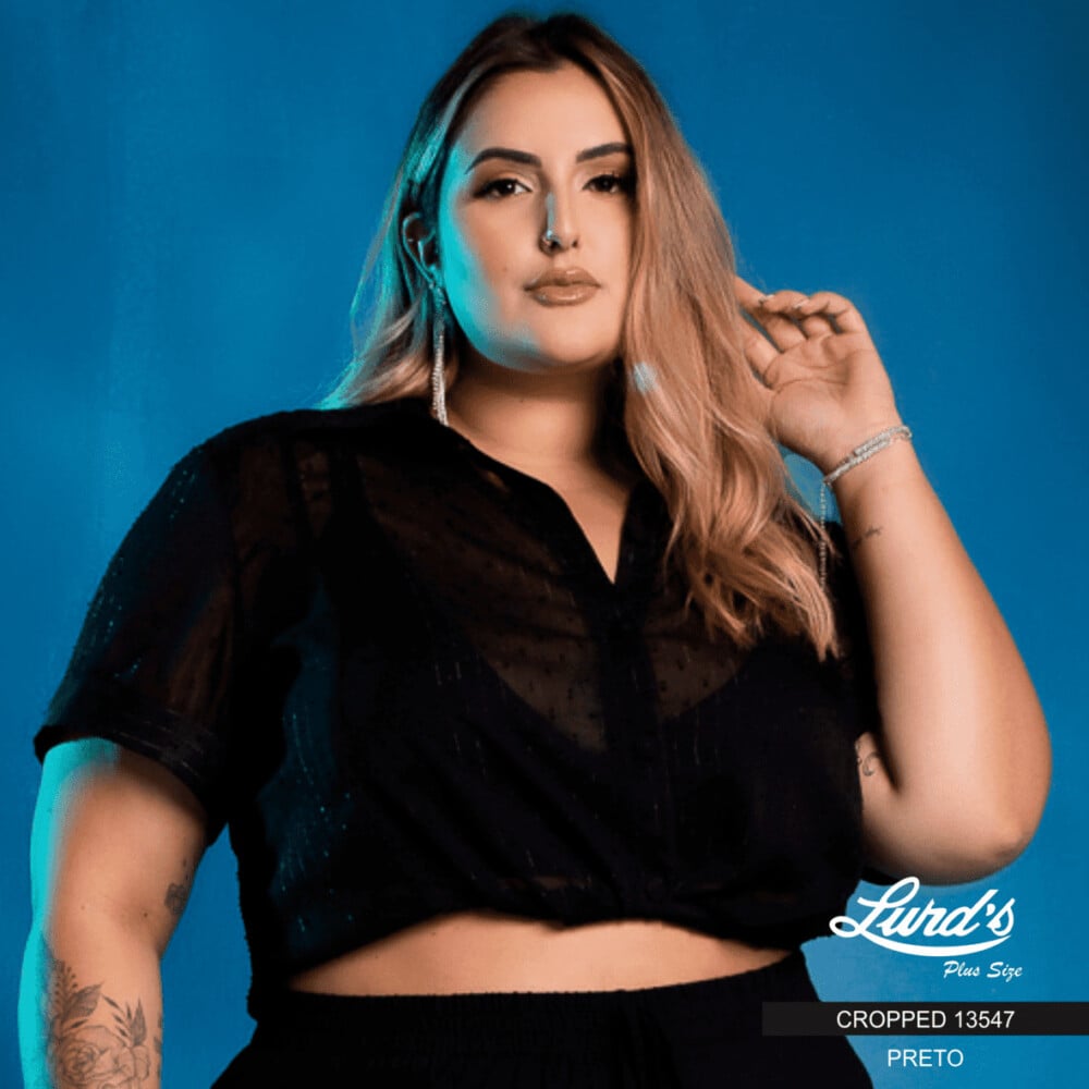 Cropped Feminino Plus Size Manga Curta Preto Ref 13547 - 54
