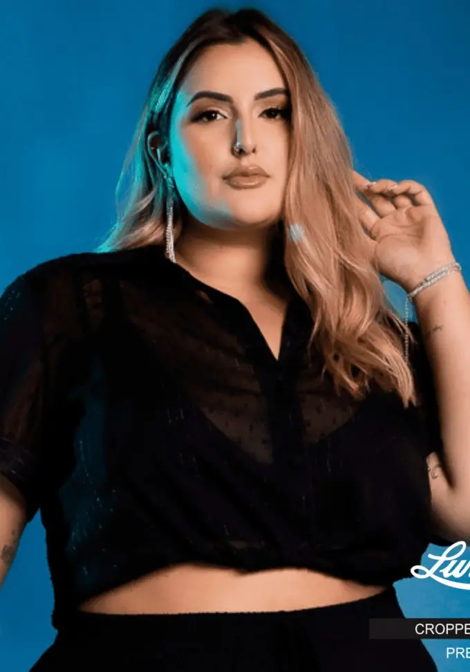 Cropped Feminino Plus Size Manga Curta Preto Ref 13547 - 52