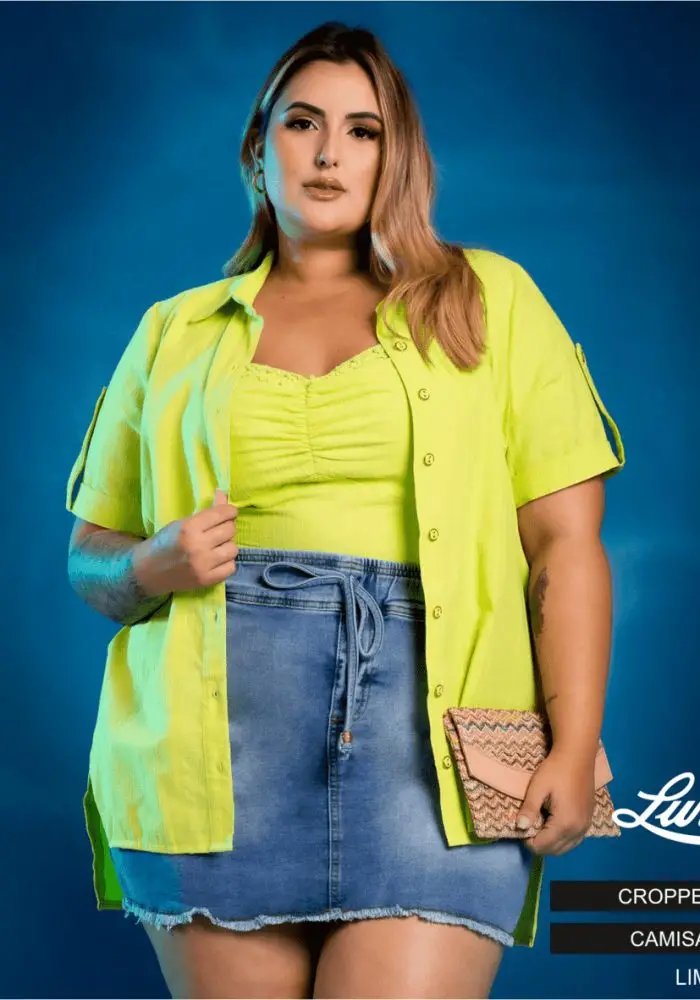 Camisa Feminina Plus Size Manga Curta Verde Lima Ref 13554
