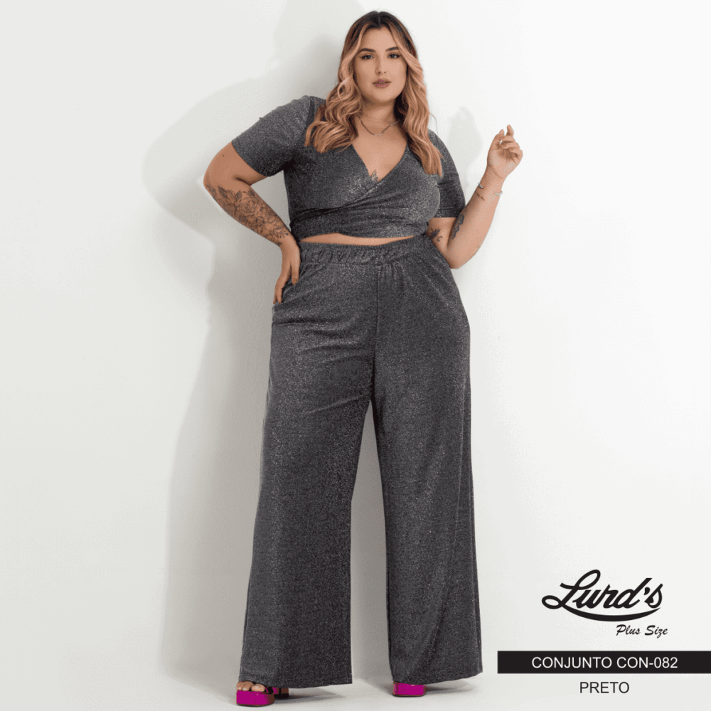 Conjunto Feminino Plus Size Pantalona + Cropped Manga Curta Ref. CON-082 Preto
