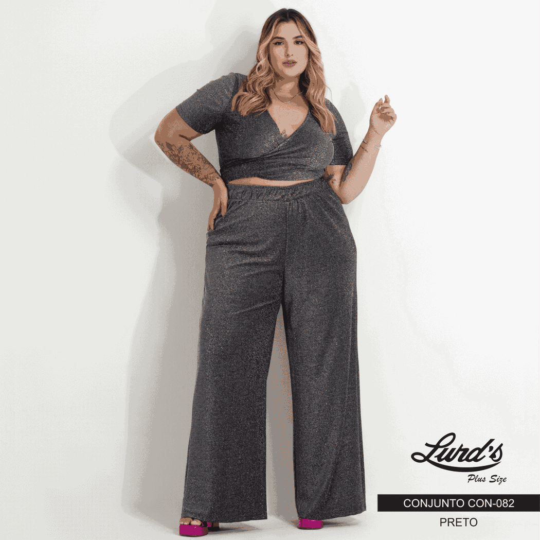Conjunto Feminino Plus Size Pantalona + Cropped Manga Curta Ref. CON-082 Preto - 58