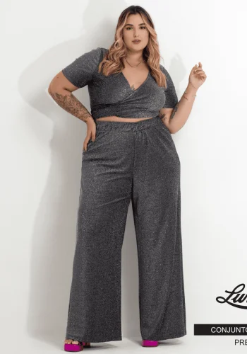 Conjunto Feminino Plus Size Pantalona + Cropped Manga Curta Ref. CON-082 Preto